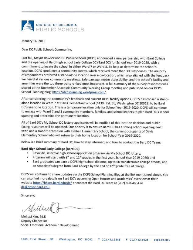 bard location announcement letter signed